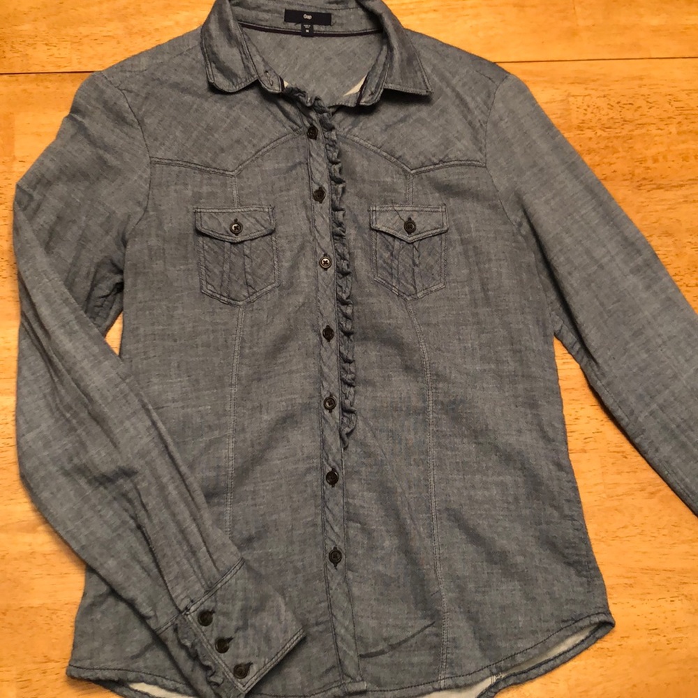 Chambray gap button down with ruffle detail